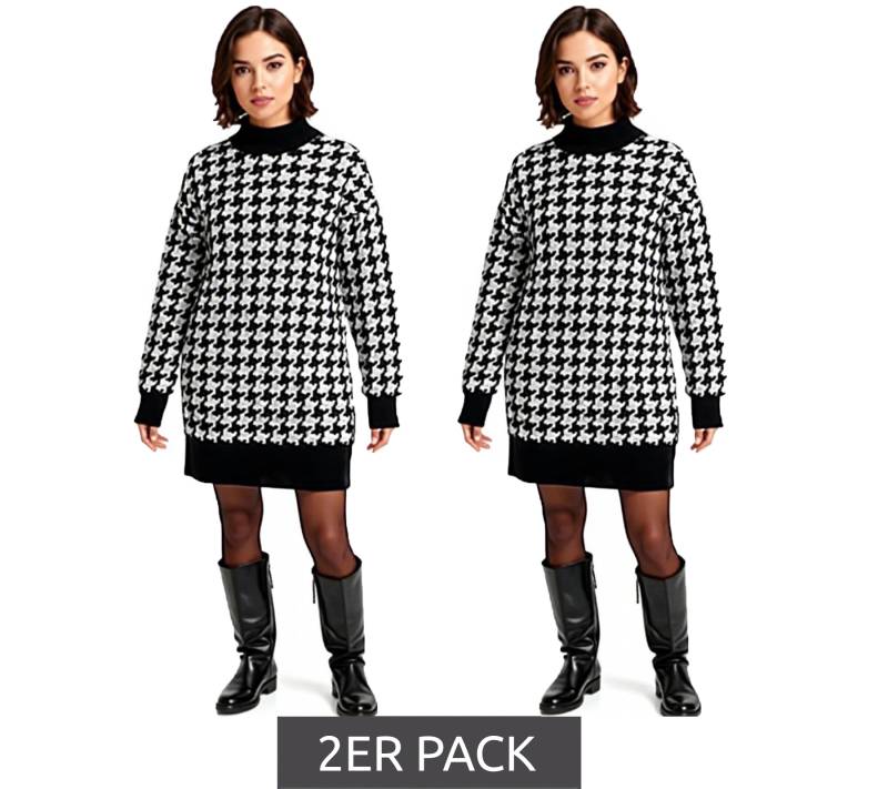 2er Sparpack Damen Strick-Kleid mit Hahnentritt-Muster Mini-Kleid mit langen Ärmeln und Stehkragen 914658 Schwarz/Weiß von O46bpx