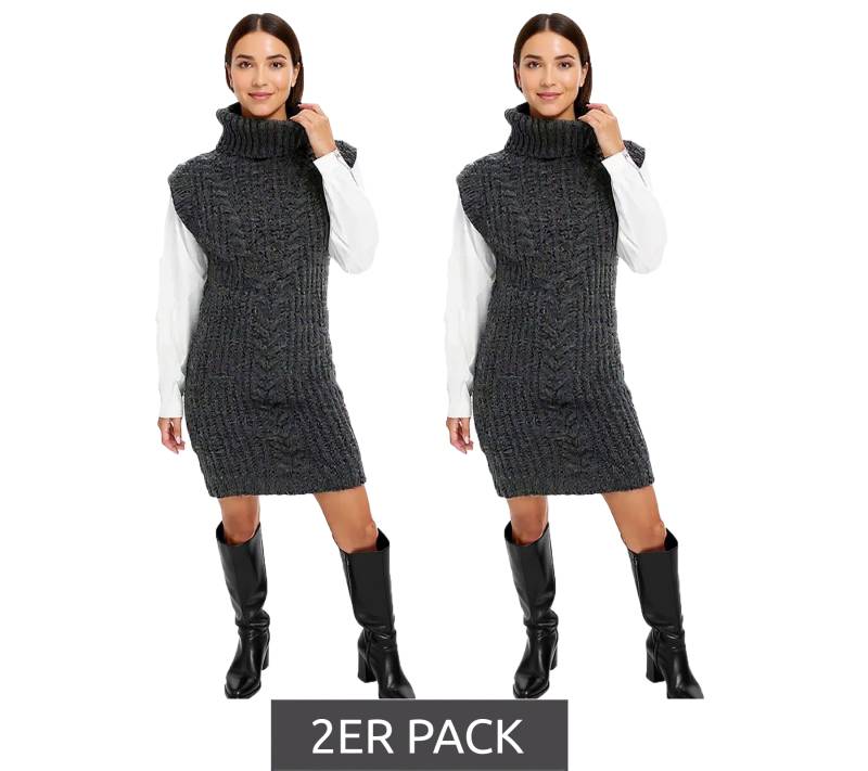 2er Sparpack Damen Strick-Kleid mit Rollkragen Pullover-Kleid im Zopfmuster 964128 Grau von O46bpx