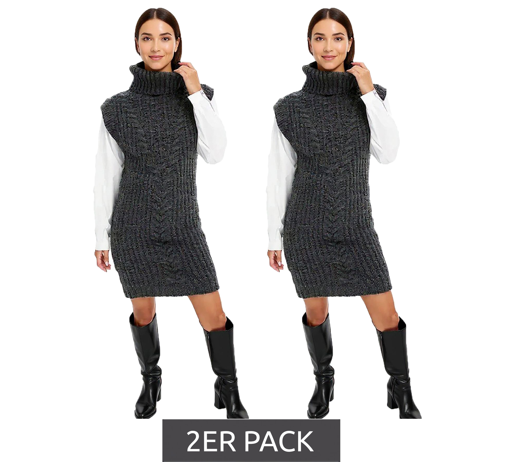 2er Sparpack Damen Strick-Kleid mit Rollkragen Pullover-Kleid im Zopfmuster 964128 Grau von O46bpx
