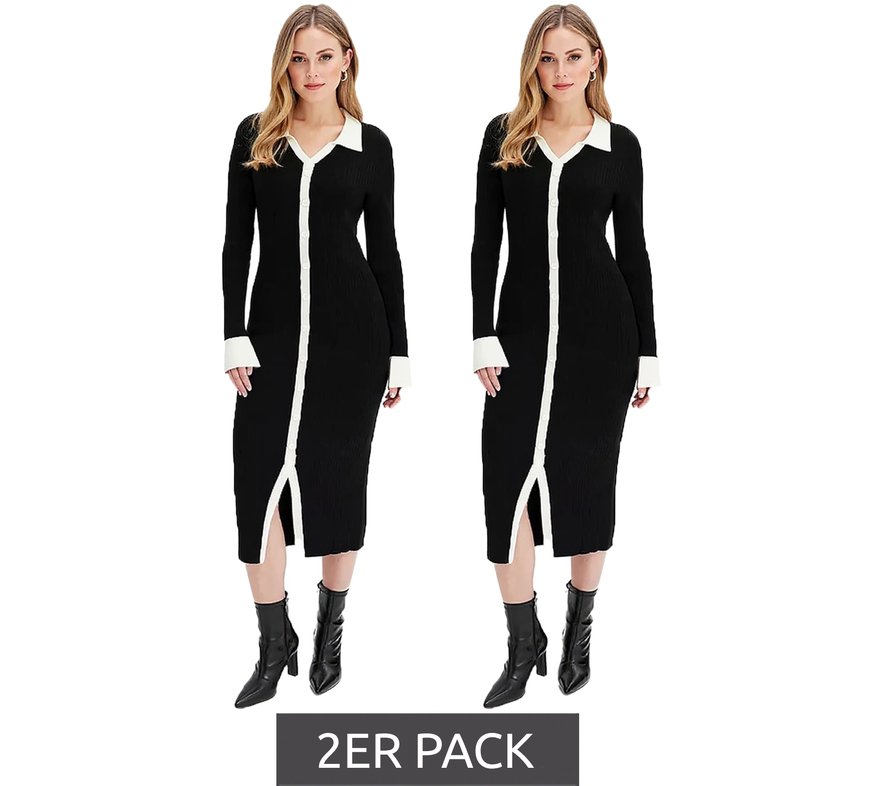 2er Sparpack Damen gestricktes Midi-Hemdkleid Langarm-Kleid mit V-Ausschnitt Strick-Kleid 969584 Schwarz von O46bpx