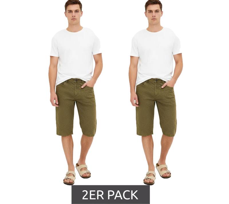 2er Sparpack Herren Long-Jeans-Bermuda Baumwoll-Hose im Vintage-Look kurze Hose 903459 Oliv-Grün von O46bpx
