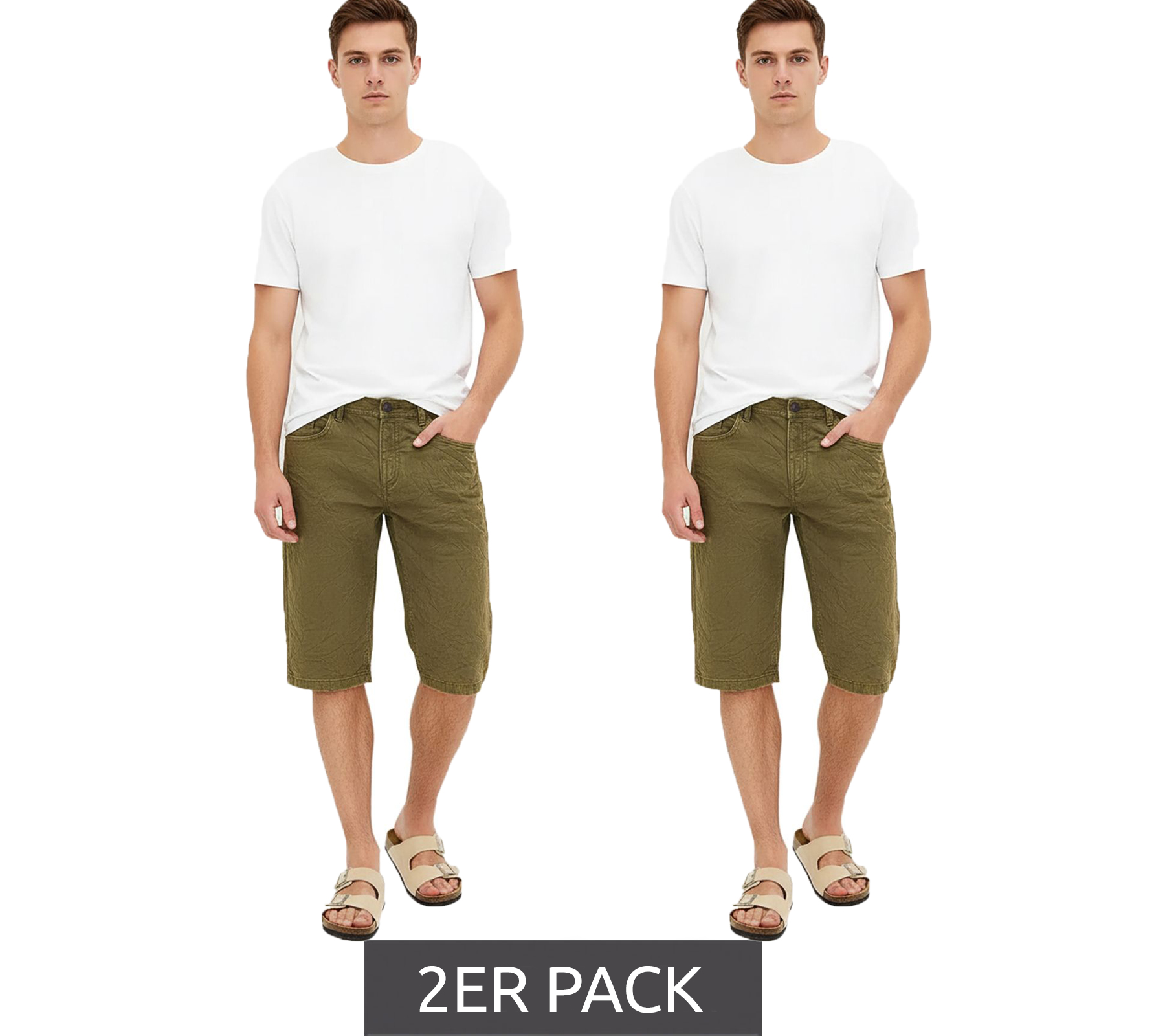 2er Sparpack Herren Long-Jeans-Bermuda Baumwoll-Hose im Vintage-Look kurze Hose 903459 Oliv-Grün von O46bpx