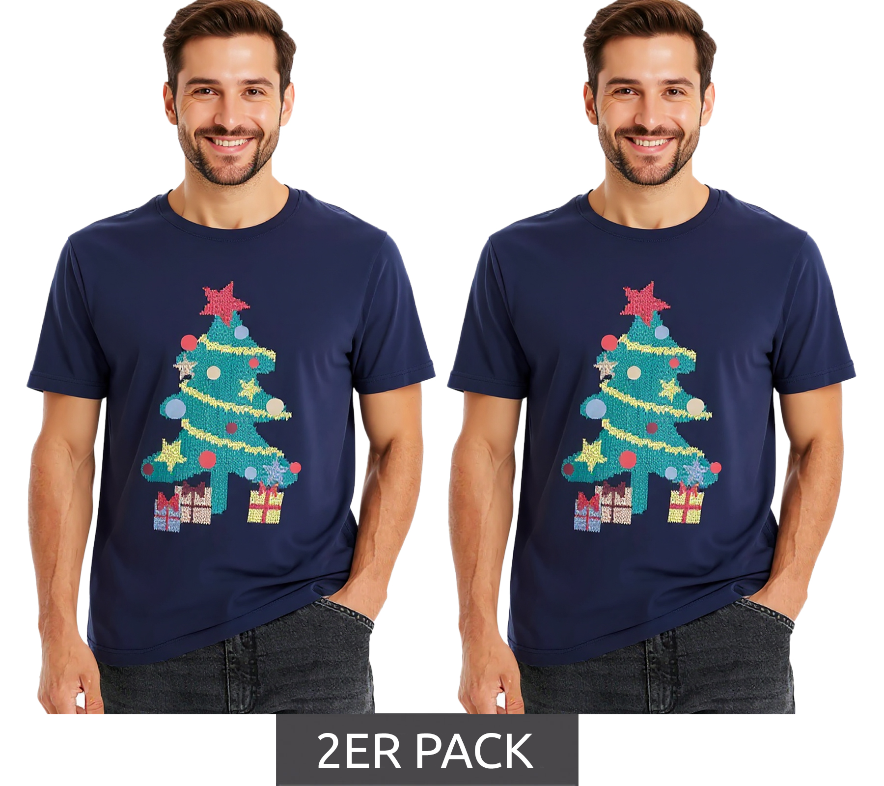 2er Sparpack Herren T-Shirt mit weihnachtlichem Motiv Baumwoll-Shirt Sommer-Shirt Kurzarm-Shirt 951021 Dunkelblau von O46bpx