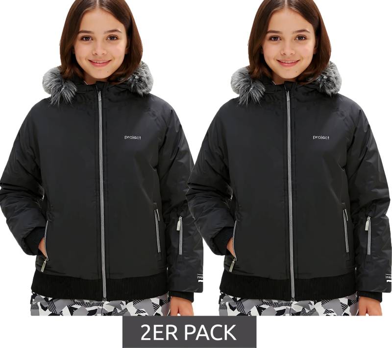 2er Sparpack Kinder Winter-Jacke für Mädchen nachhaltige Ski-Jacke Outdoor-Jacke mit Kapuze und Fellrand zum abnehmen Schneejacke 938001 Schwarz von O46bpx