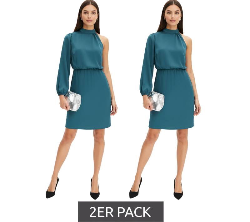 2er Sparpack Stilvolles Damen One-Shoulder-Kleid aus glänzendem Satin Midi-Kleid 925469 Grün von O46BPX