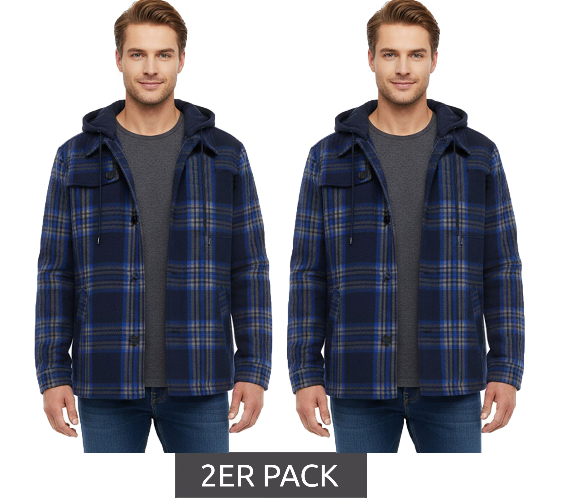 2er Sparpack karierte Übergangs-Jacke für Herren mit Baumwollanteil Sweat-Jacke mit abnehmbarer Kapuze und Karomuster 913708 Blau 2er Sparpack karierte Übergangs-Jacke für Herren mit Baumwollanteil Sweat-Jacke mit abnehmbarer Kapuze und Karomuster 913708 Blau von O46bpx