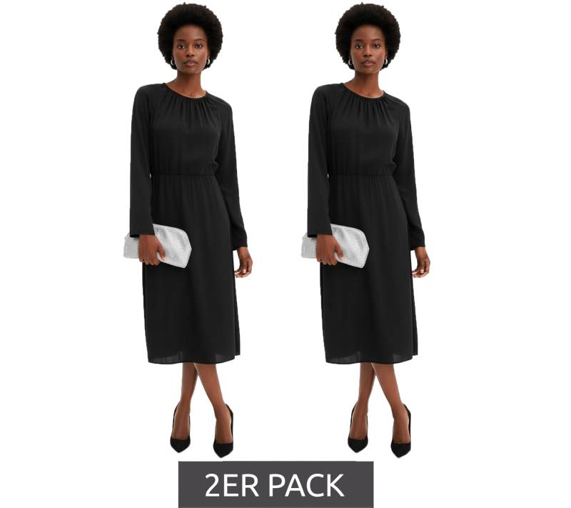 2er Sparpack minimalistisches Damen Satin-Kleid mit langen Ärmeln Maxi-Kleid 911211 Schwarz von O46bpx