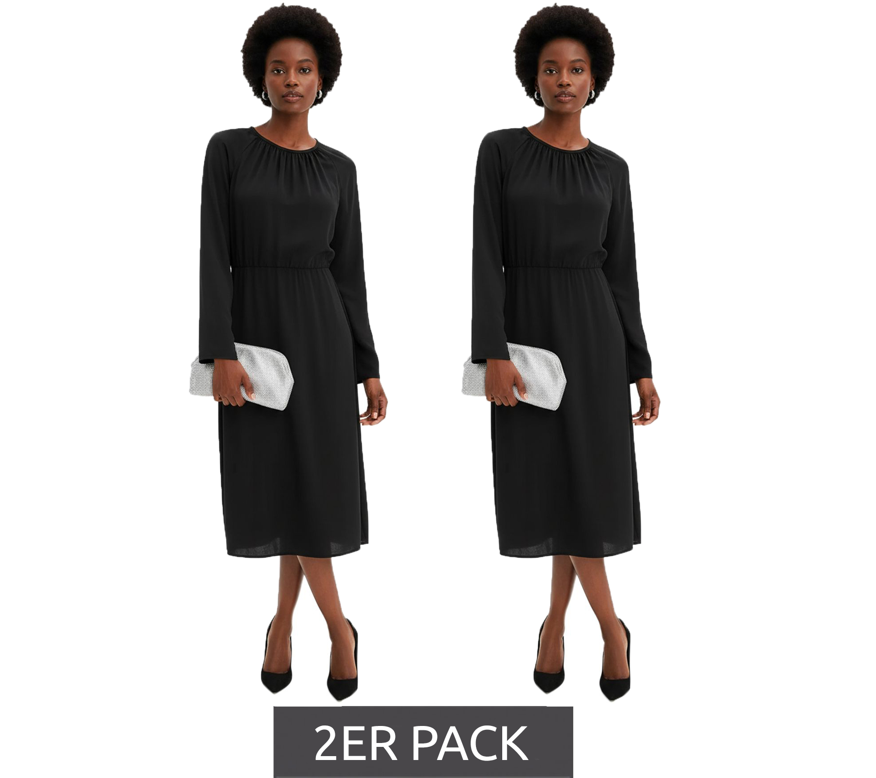2er Sparpack minimalistisches Damen Satin-Kleid mit langen Ärmeln Maxi-Kleid 911211 Schwarz von O46bpx