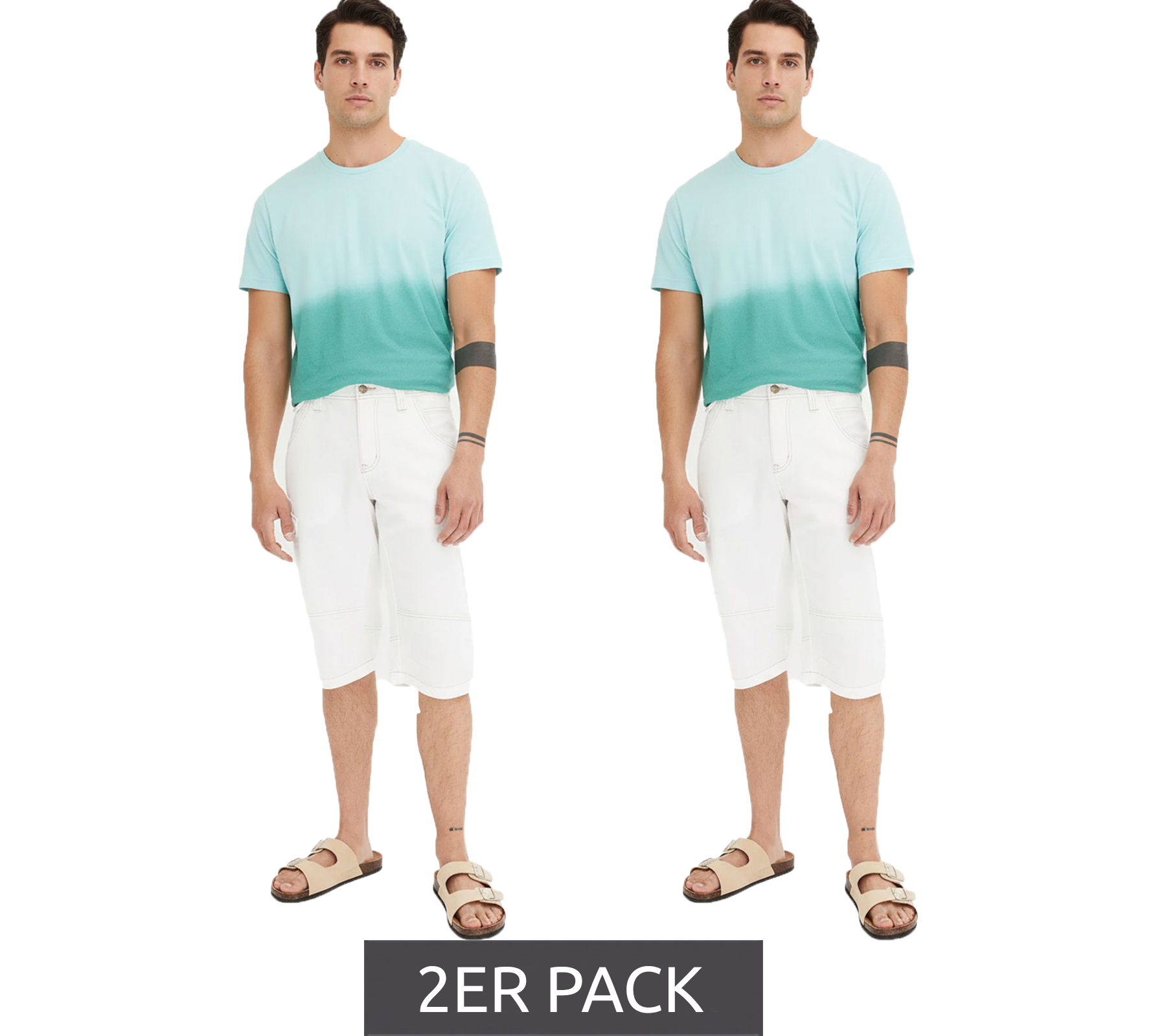 2er Sparpack modische Herren Denim-Bermudashorts mit Ziernähten Baumwoll-Hose 928796 Weiß von O46bpx