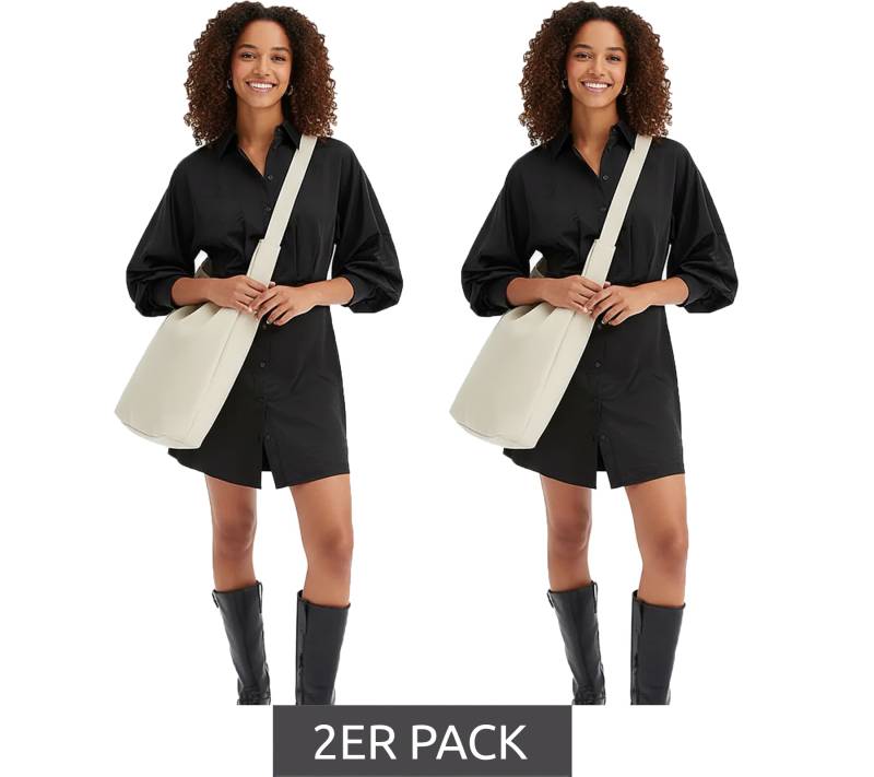 2er Sparpack modisches Damen Mini-Kleid mit Hemdkragen Langarm-Kleid 932396 Schwarz von O46BPX