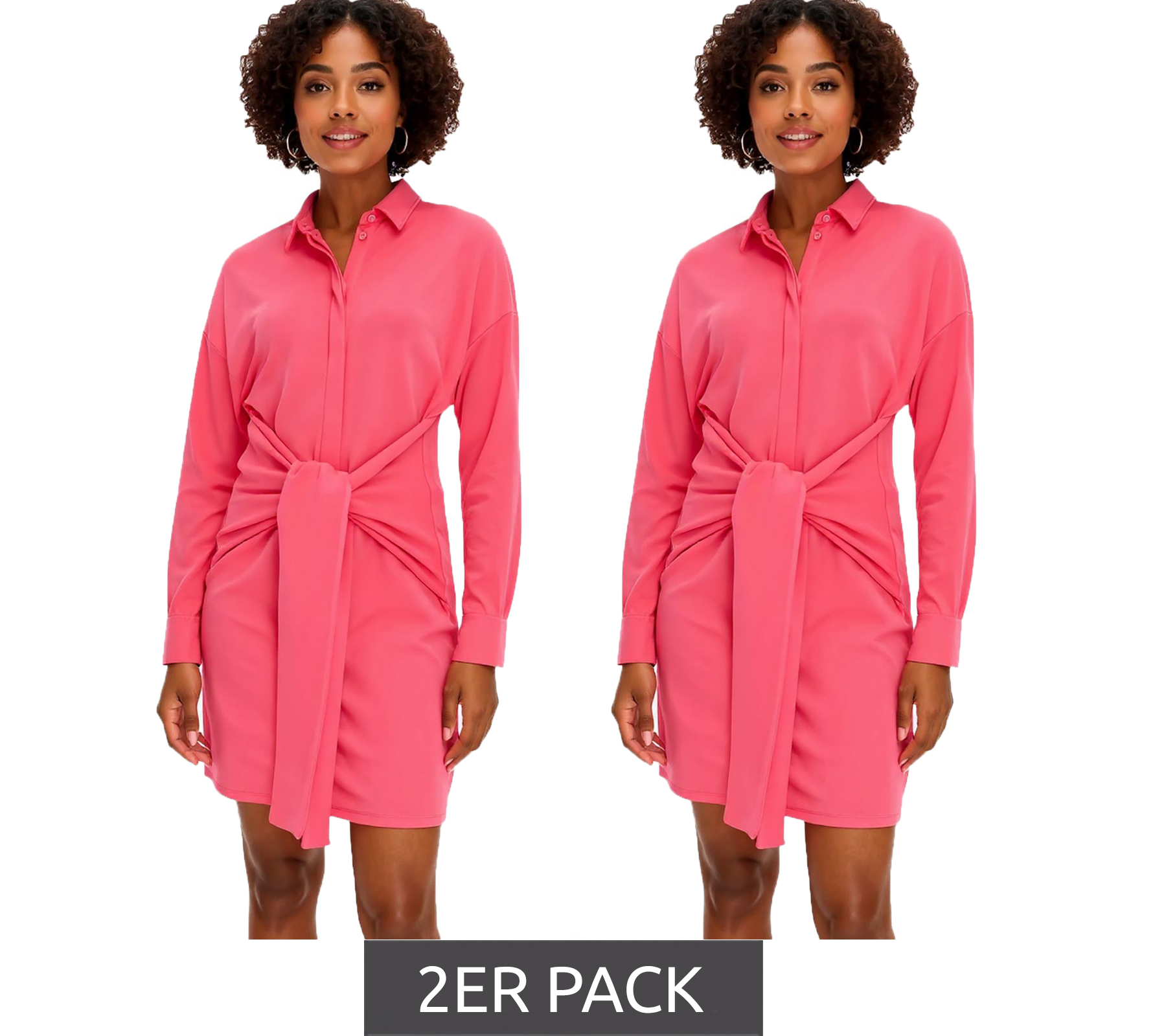 2er Sparpack stylisches Damen Mini-Kleid Sommer-Kleid mit Hemdkragen und Fledermausärmeln 934479 Pink von O46bpx