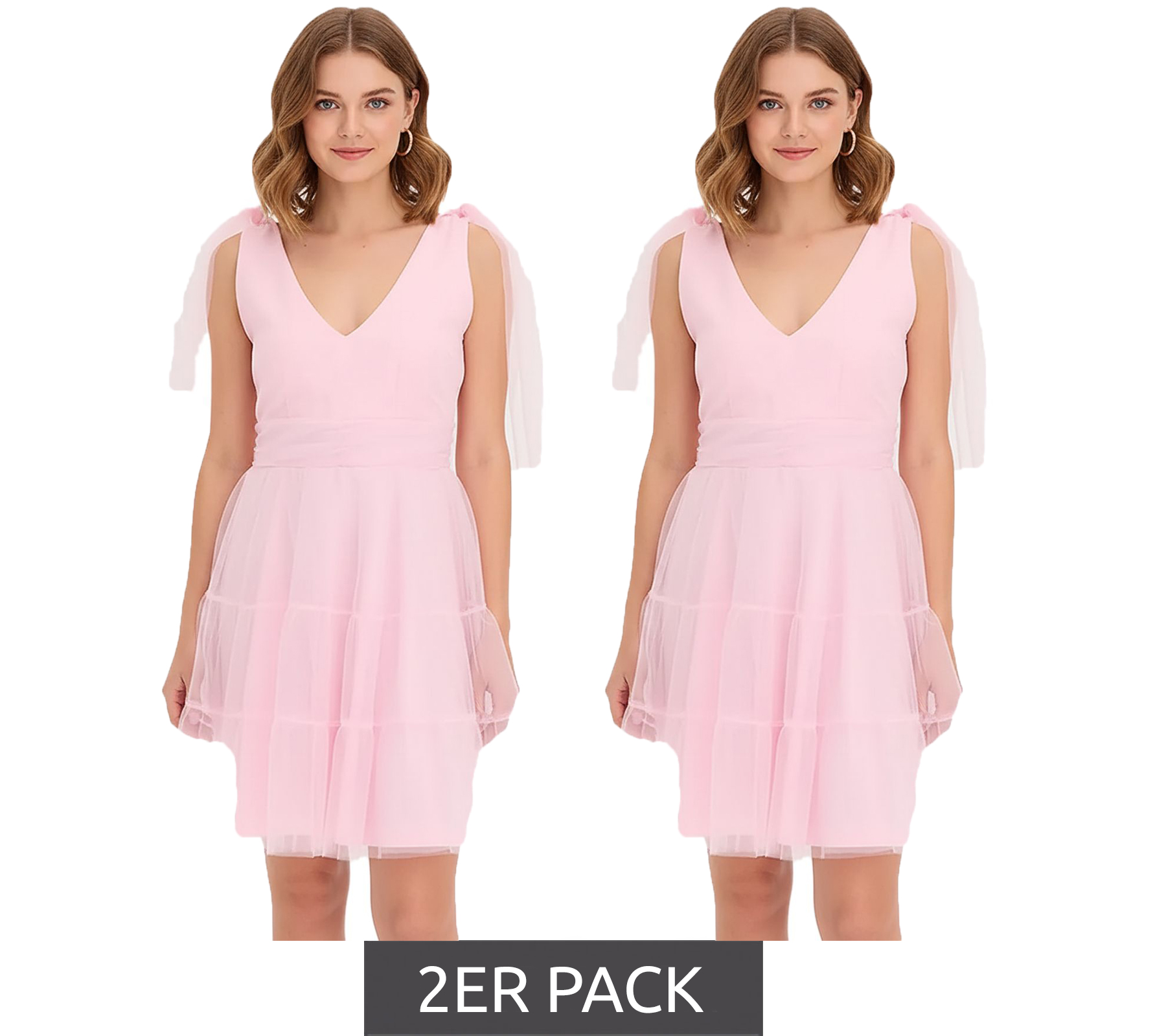 2er Sparpack stylisches Mini-Kleid aus zartem Tüll mit Schleifen-Details Netz-Kleid 915092 Rosa von O46bpx