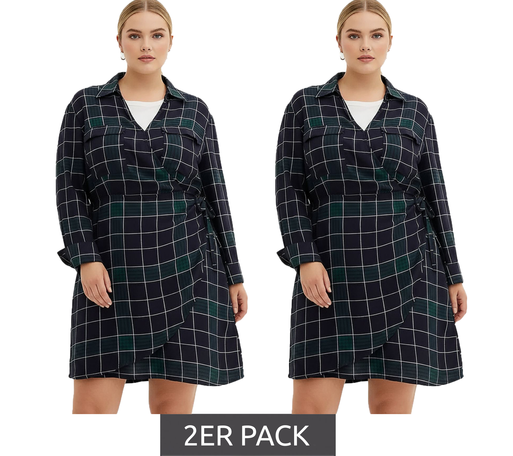 2er Sparpack weich fließendes Damen Mini-Kleid kariertes Wickel-Kleid mit Hemdkragen 914043 Blau von O46bpx