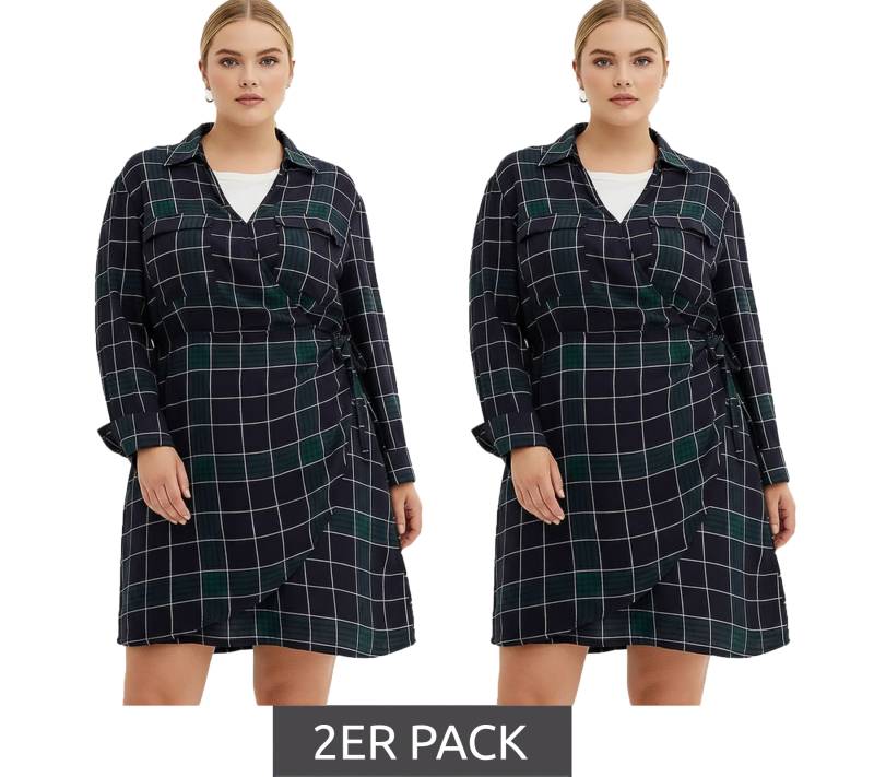2er Sparpack weich fließendes Damen Mini-Kleid kariertes Wickel-Kleid mit Hemdkragen 914043 Blau von O46bpx