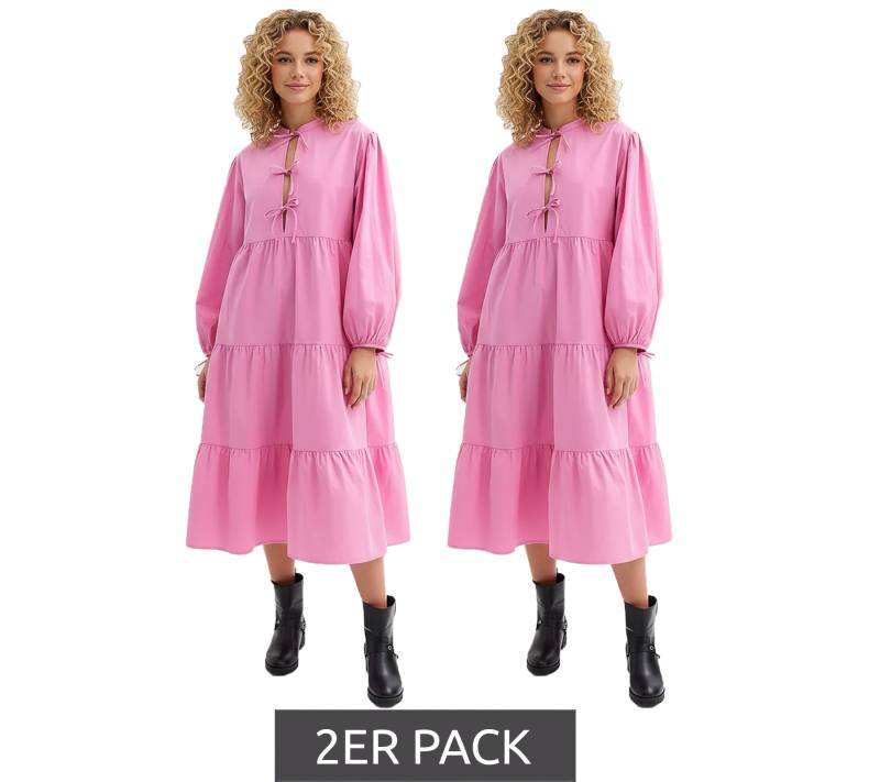 2er Sparpack weites Damen Midi-Kleid mit Schleifen aus reiner Baumwolle Langarm-Kleid 977645 Rosa von O46BPX
