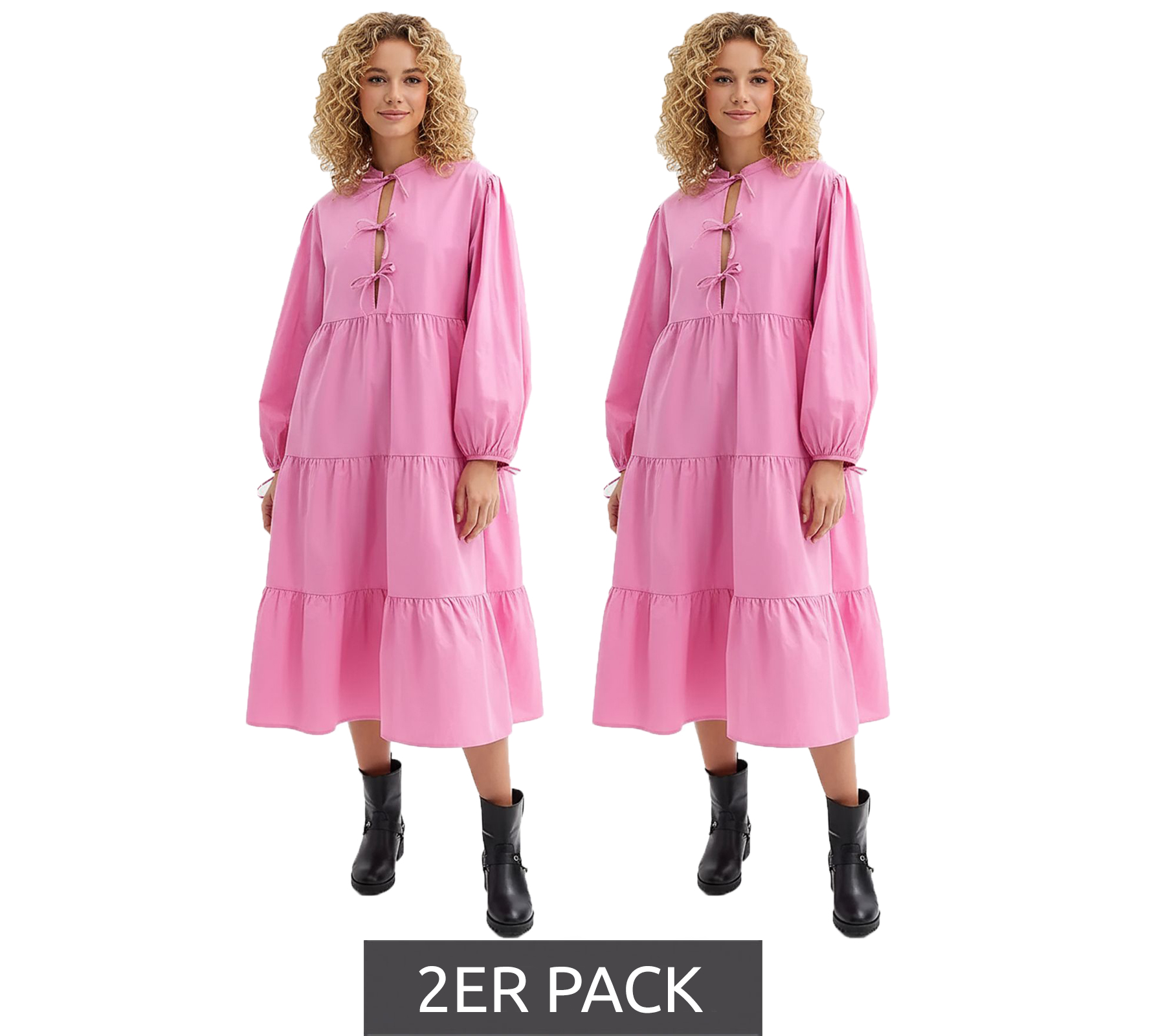 2er Sparpack weites Damen Midi-Kleid mit Schleifen aus reiner Baumwolle Langarm-Kleid 977645 Rosa von O46bpx