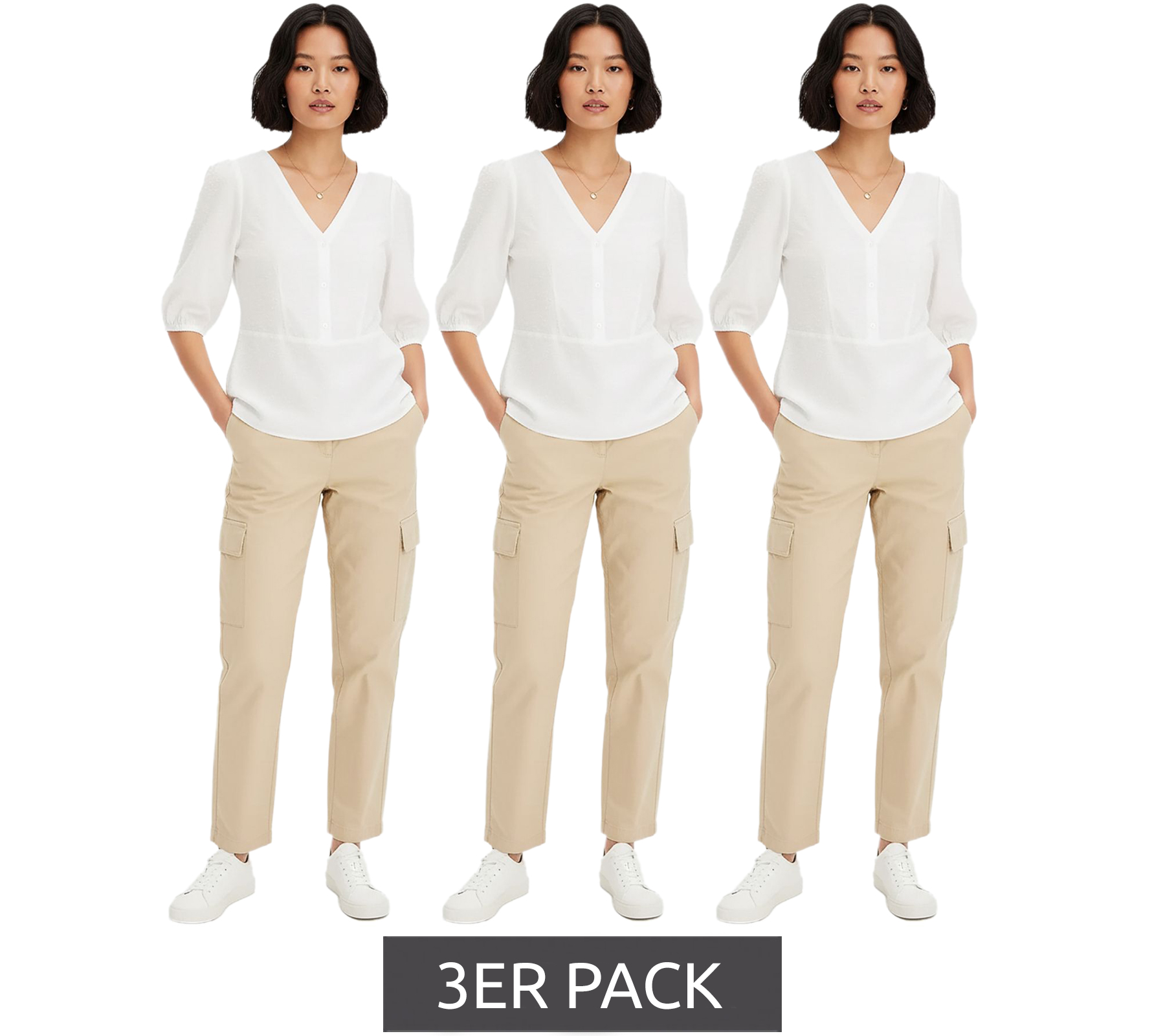 3er Pack Damen Bluse aus feinem Viskose-Mix Sommer-Shirt 3/4 Arm Sparpack 696075 Weiß von O46bpx