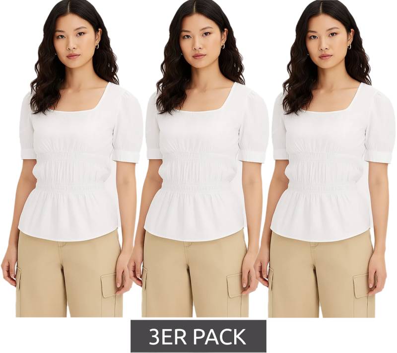 3er Pack Damen Bluse mit Puffärmeln Baumwoll-Bluse Sommer-Top Kurzarm-Shirt Sparpack 961520 Weiß von O46bpx