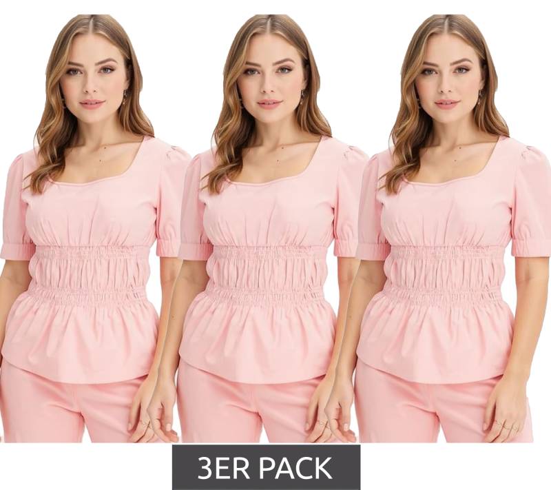3er Sparpack Damen Bluse mit Puffärmeln Baumwoll-Bluse Sommer-Top Kurzarm-Shirt 963325 Rosa 3er Sparpack Damen Bluse mit Puffärmeln Baumwoll-Bluse Sommer-Top Kurzarm-Shirt 963325 Rosa von O46bpx