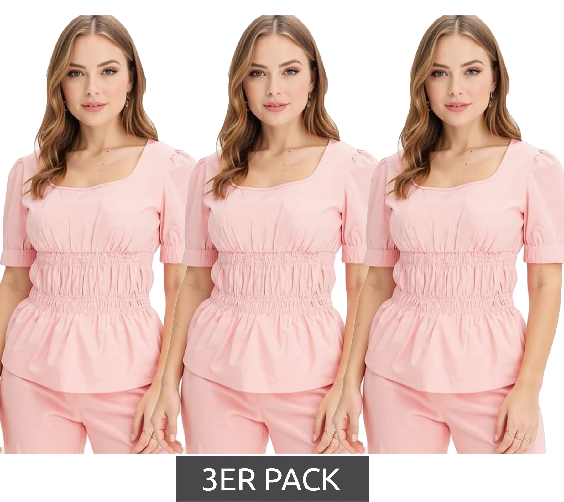 3er Sparpack Damen Bluse mit Puffärmeln Baumwoll-Bluse Sommer-Top Kurzarm-Shirt 963325 Rosa von O46bpx