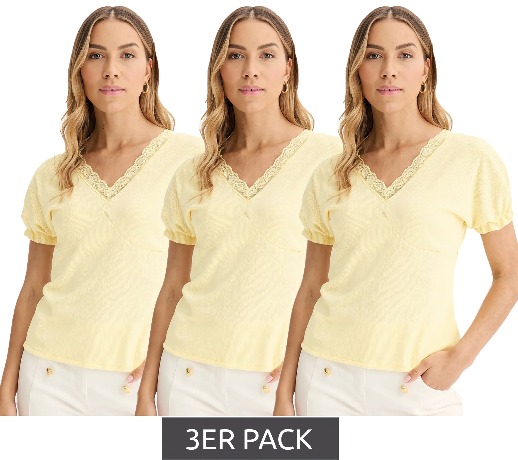 3er Sparpack Damen T-Shirt mit dekorativen Elementen Kurzarm-Shirt 919297 Gelb von O46bpx