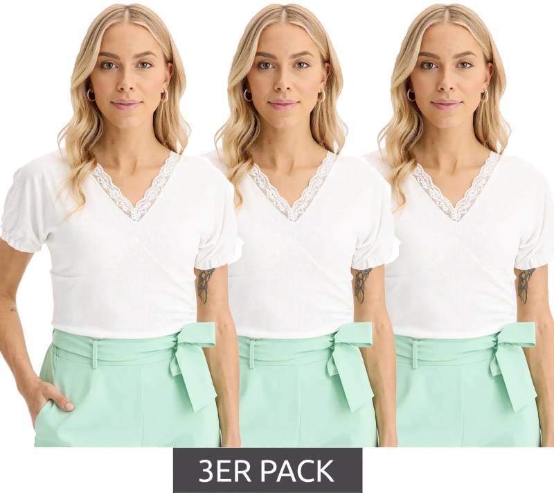 3er Sparpack Damen T-Shirt mit dekorativen Elementen Kurzarm-Shirt 944192 Weiß von O46bpx