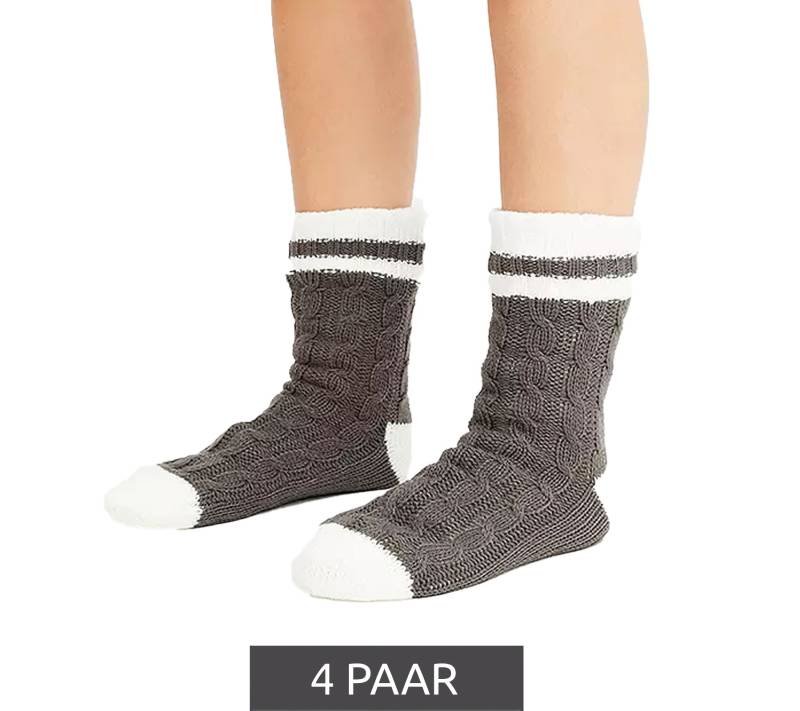 4 Paar Damen Hausschuhsocken warme Winter-Strümpfe Freizeit-Strümpfe Slipper-Socken gestrickte Kuschel-Socken 927387 Grau/Weiß von O46bpx