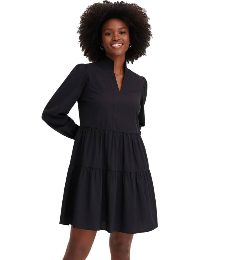 Ausgestelltes Volants-Kleid mit gesmokten Ausschnitt und Ärmelsaum Langarm-Kleid 955261 Schwarz von O46bpx