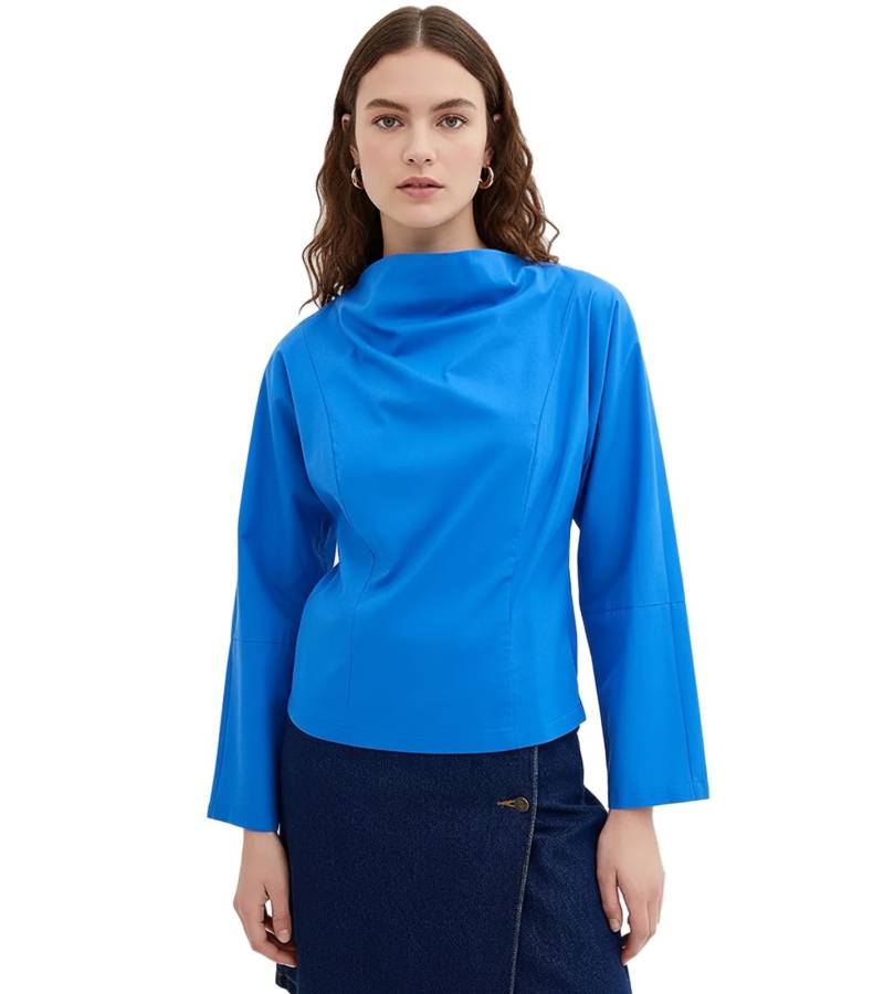 Damen Baumwoll-Popeline-Bluse mit Wasserfallausschnitt Alltags-Bluse 925072 Blau von O46bpx