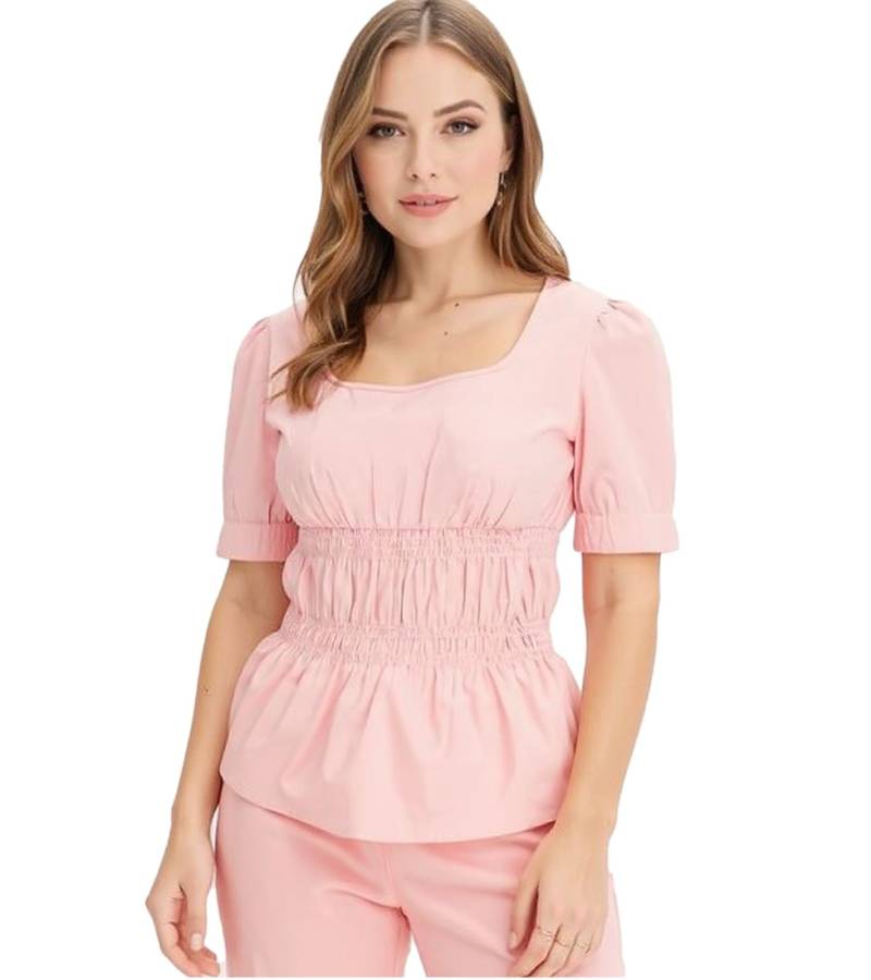 Damen Bluse mit Puffärmeln Baumwoll-Bluse Sommer-Top Kurzarm-Shirt 963325 Rosa von O46bpx