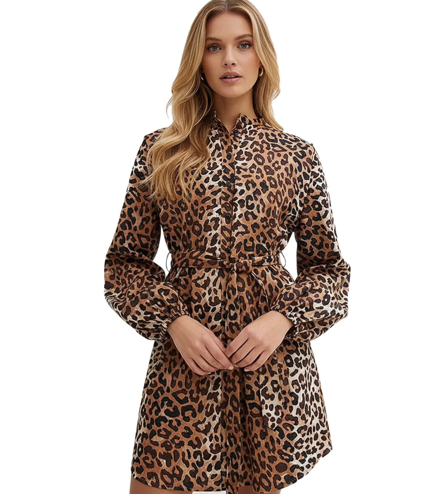 Damen Blusen-Kleid Midi-Kleid mit Leopardenmuster Hemd-Kleid 974466 Braun/Schwarz von O46bpx