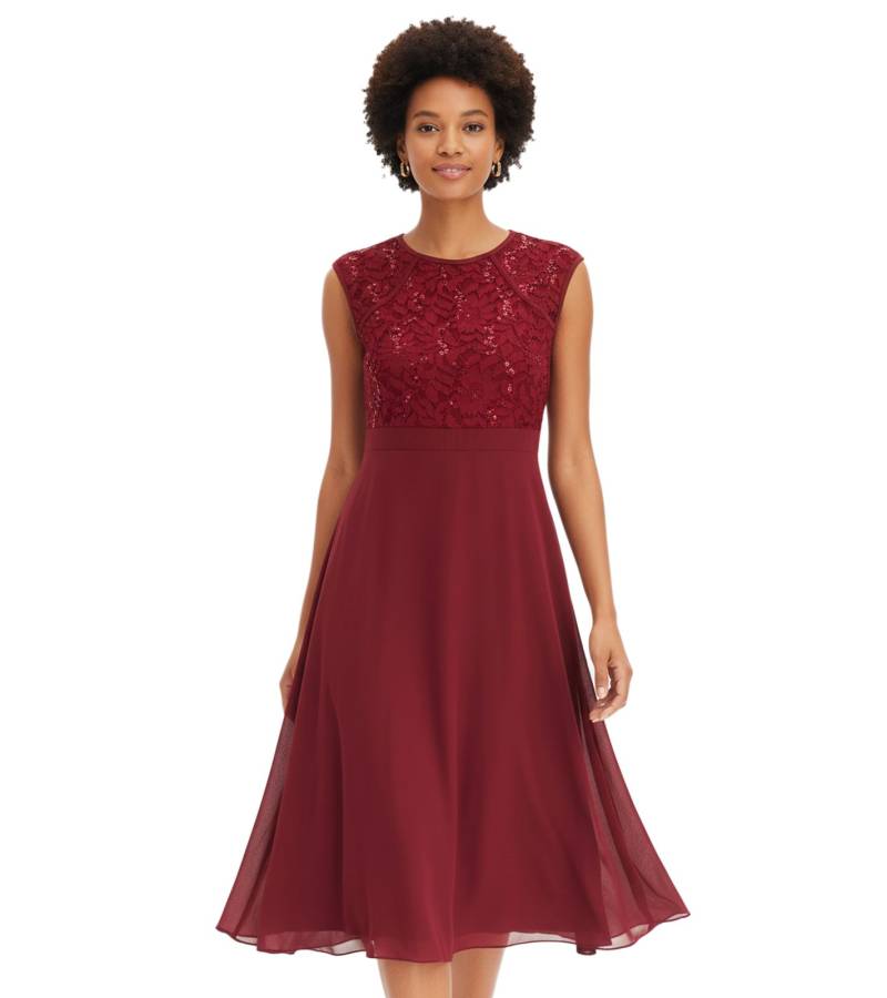 Damen Chiffonkleid mit Spitze und bestickten Pailletten Mini-Kleid Sommer-Kleid ärmellos 938376 Rubinrot von O46bpx