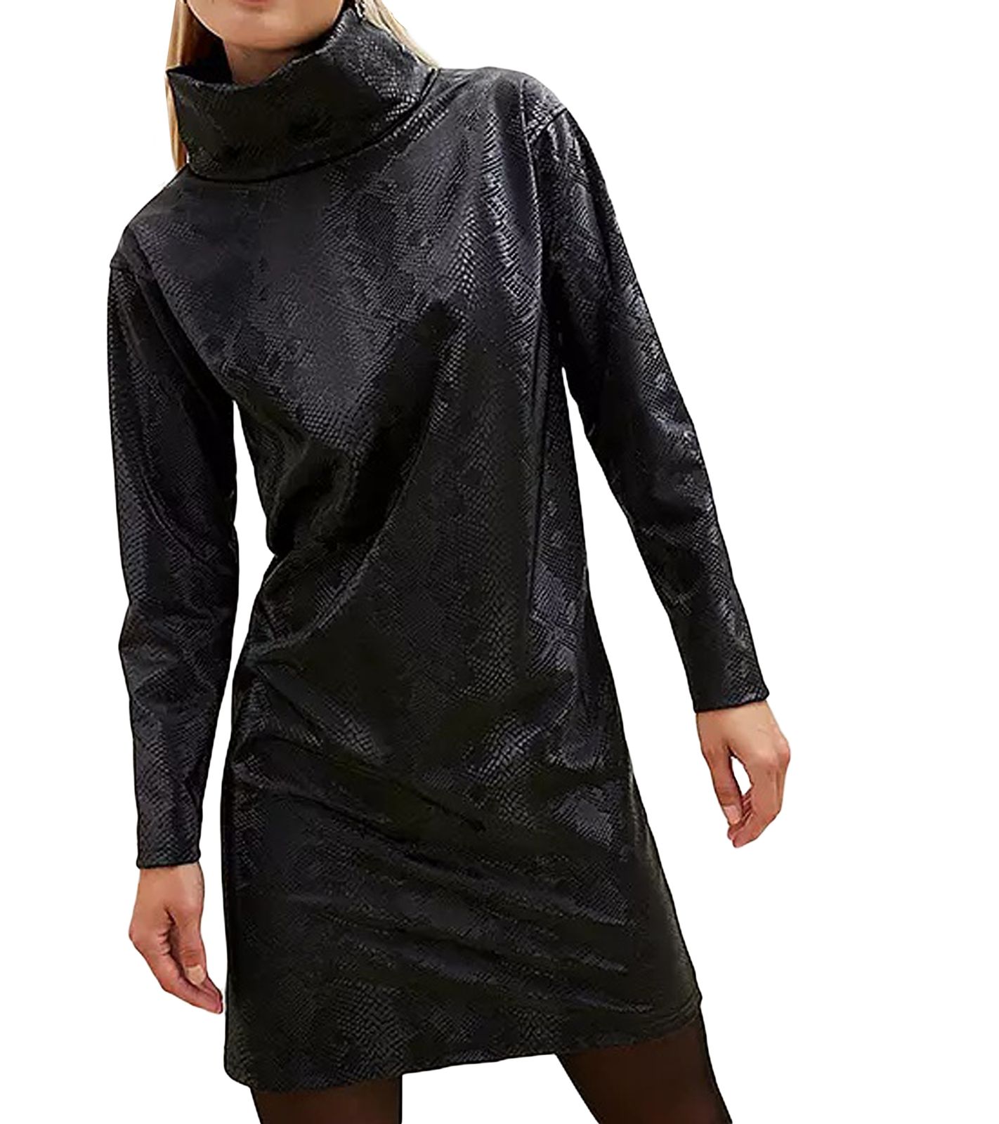 Damen Etui-Kleid mit Schlangen-Print extravagantes Mini-Kleid mit langen Ärmeln und Stehkragen cooles Party-Kleid in nasser Optik 973537 Schwarz von O46bpx