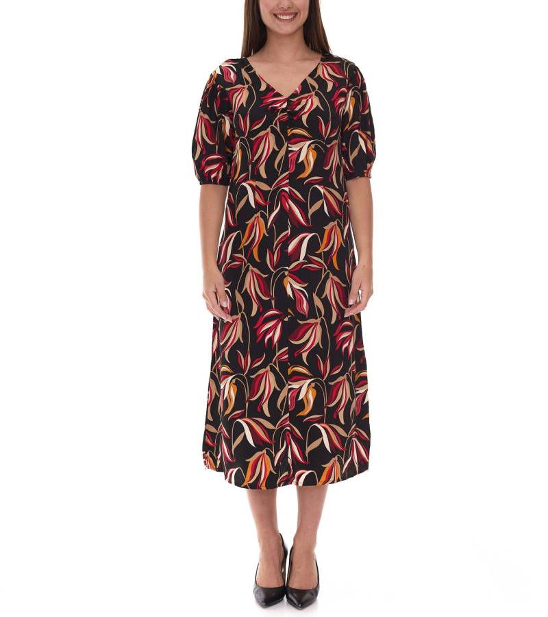 Damen Sommer-Kleid mit floralem Print Midi-Kleid mit V-Ausschnitt 913297 Schwarz/Rot/Orange von O46bpx