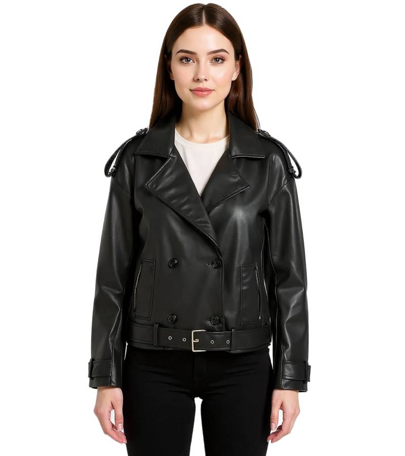 Damen Lederimitat-Jacke mit Kragen und Gürtel Kunstleder-Jacke Herbst-Mantel 911397 Schwarz von O46bpx