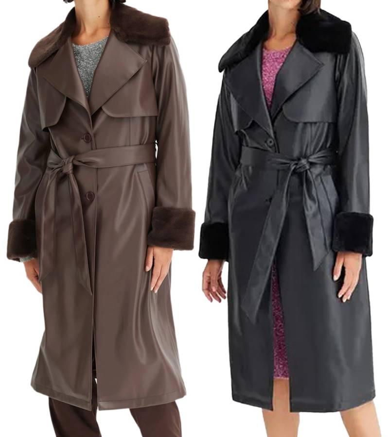 Damen Lederimitat-Mantel mit Teddyfell Kragen Kunstlammfell-Jacke Frühlings-Mantel 914589 Braun oder 957801 Schwarz von O46bpx