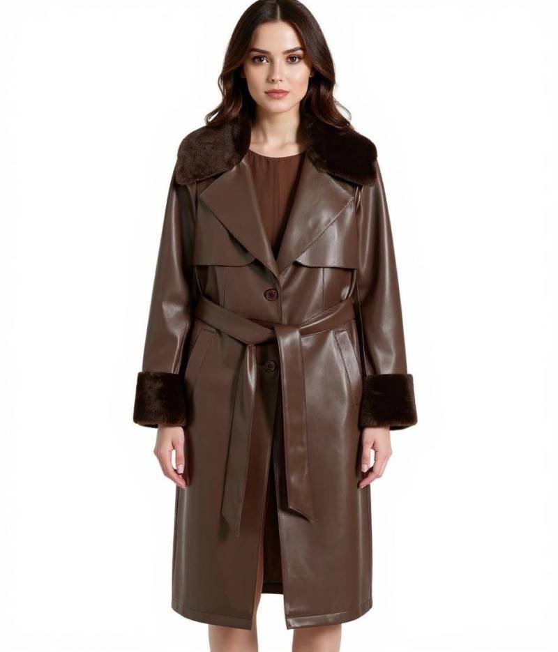 Damen Lederimitat-Mantel mit Teddyfell Kragen Kunstlammfell-Jacke Herbst-Mantel 914589 Braun von O46bpx