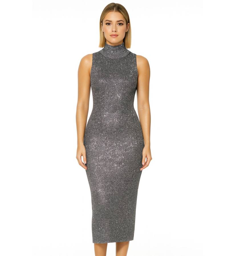 Damen Midi-Kleid funkelnd und glänzend armloses Kleid mit Rippenstrick Strick-Kleid mit Stehkragen 954335 Grau von O46bpx