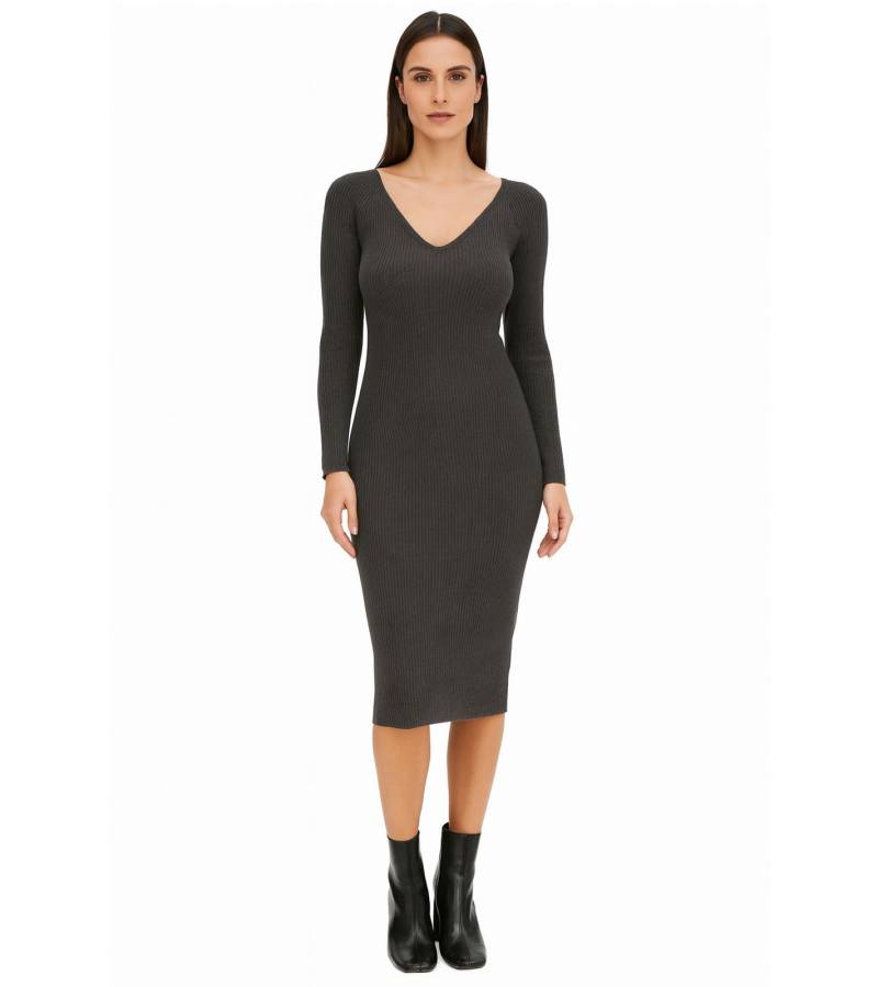 Damen Midi-Kleid mit Rippenstrick Langarm-Kleid schmales Strick-Kleid 933773 Grau von O46bpx