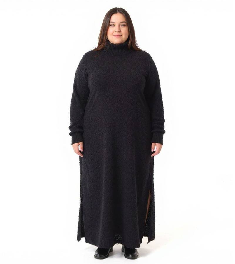 Damen Midi-Kleid mit Rollkragen Langarm-Kleid Strick-Kleid Große Größen 915602 Schwarz von O46bpx