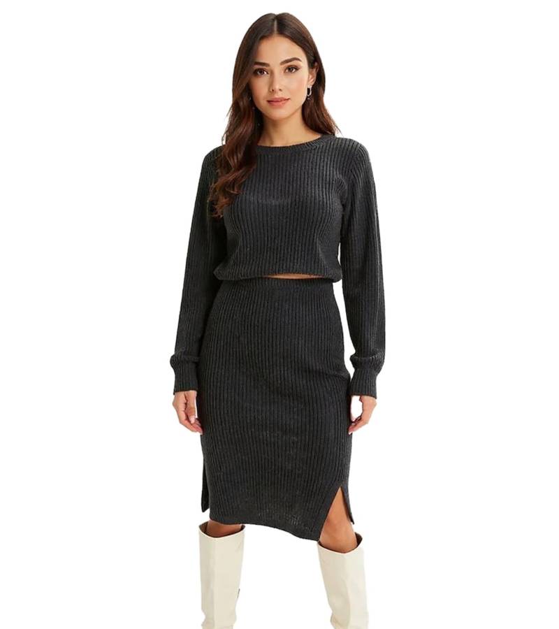 Damen Midi-Rock stylischer Strick-Rock mit Gummibund Große Größen 932509 Anthrazit melliert von O46bpx