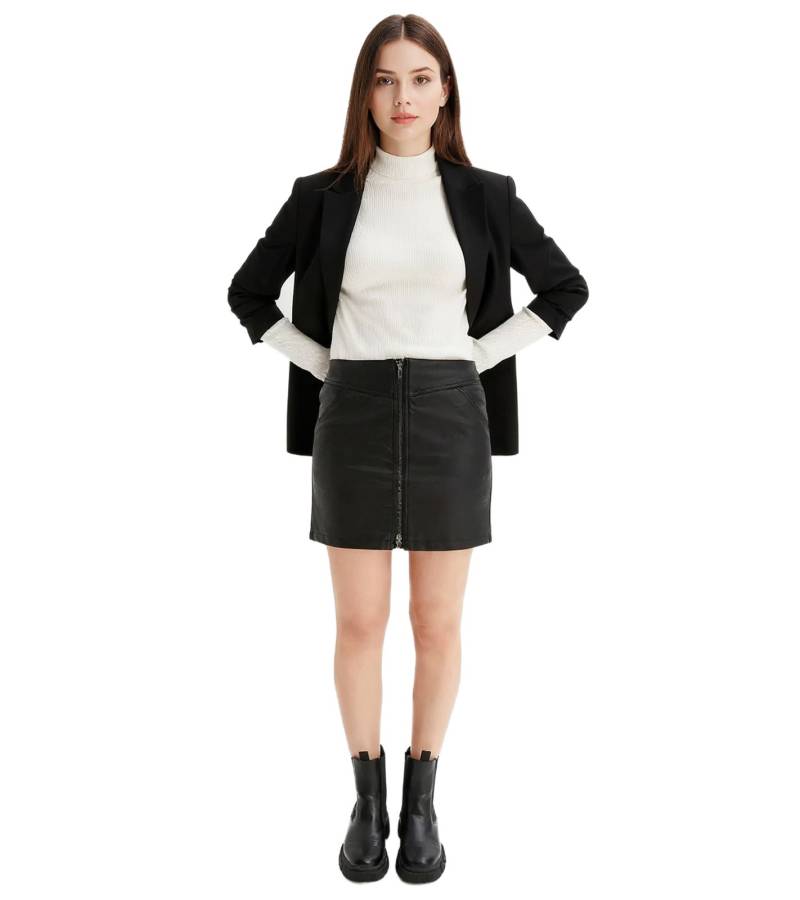 Damen Mini-Rock aufregender Lederimitat-Rock mit Reißverschluss 903767 Schwarz von O46bpx