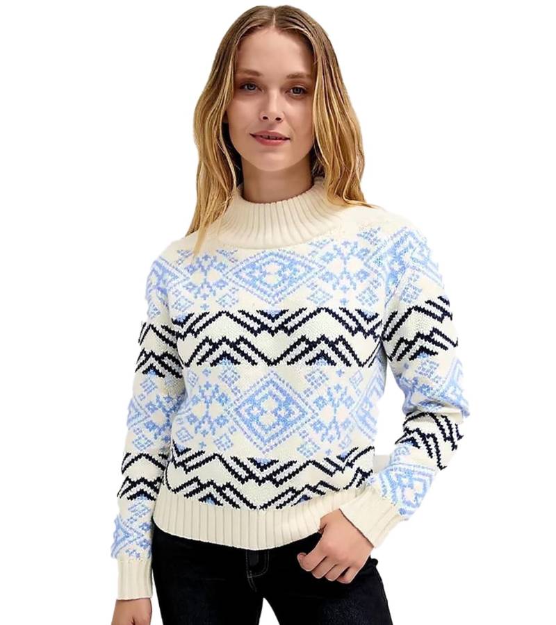 Damen Norweger-Pullover Strick-Pullover mit Stehkragen Große Größen 935244 Weiß/Blau von O46bpx
