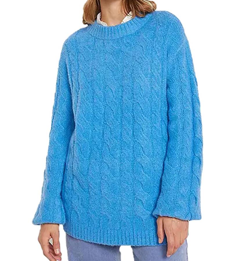 Damen Oversize-Pullover weit geschnittener Winter-Pullover mit Zopfstrickmuster 962801 Blau von O46bpx