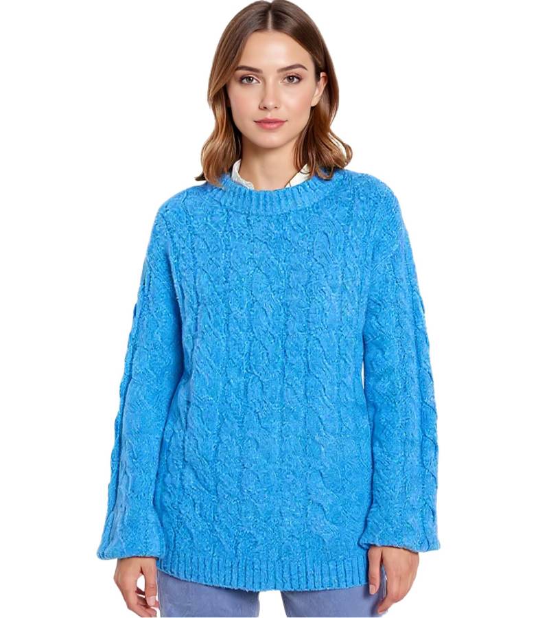 Damen Oversize-Pullover weit geschnittener Winter-Pullover mit Zopfstrickmuster 962801 Blau von O46bpx