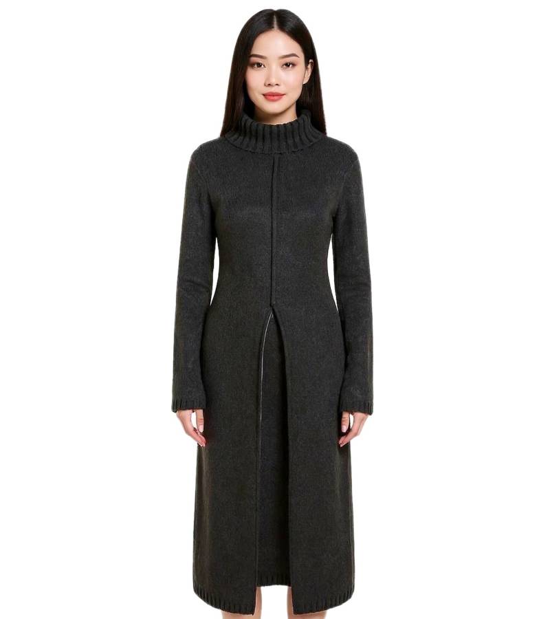 Damen Pullover-Kleid mit Rollkragen Long Strick-Pullover 960529 Grau von O46bpx