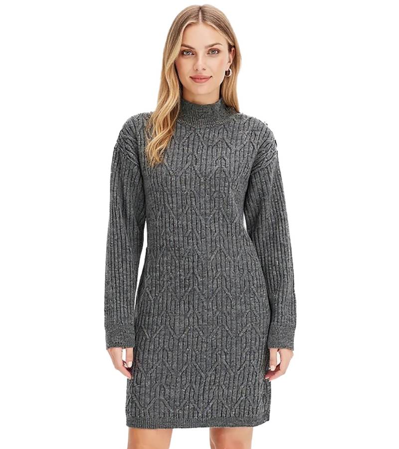 Damen Pullover-Kleid mit Rollkragen Strick-Kleid im Zopfmuster 959340 Grau von O46bpx
