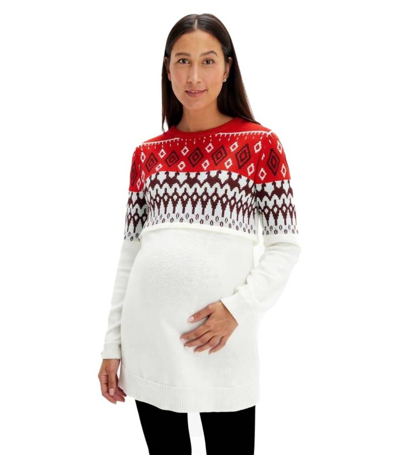 Damen Pullover kuscheliger Umstands-Pulli Schwangerschafts-Kleidung im Norweger-Design 920178 Rot/Beige/Weiß von O46bpx