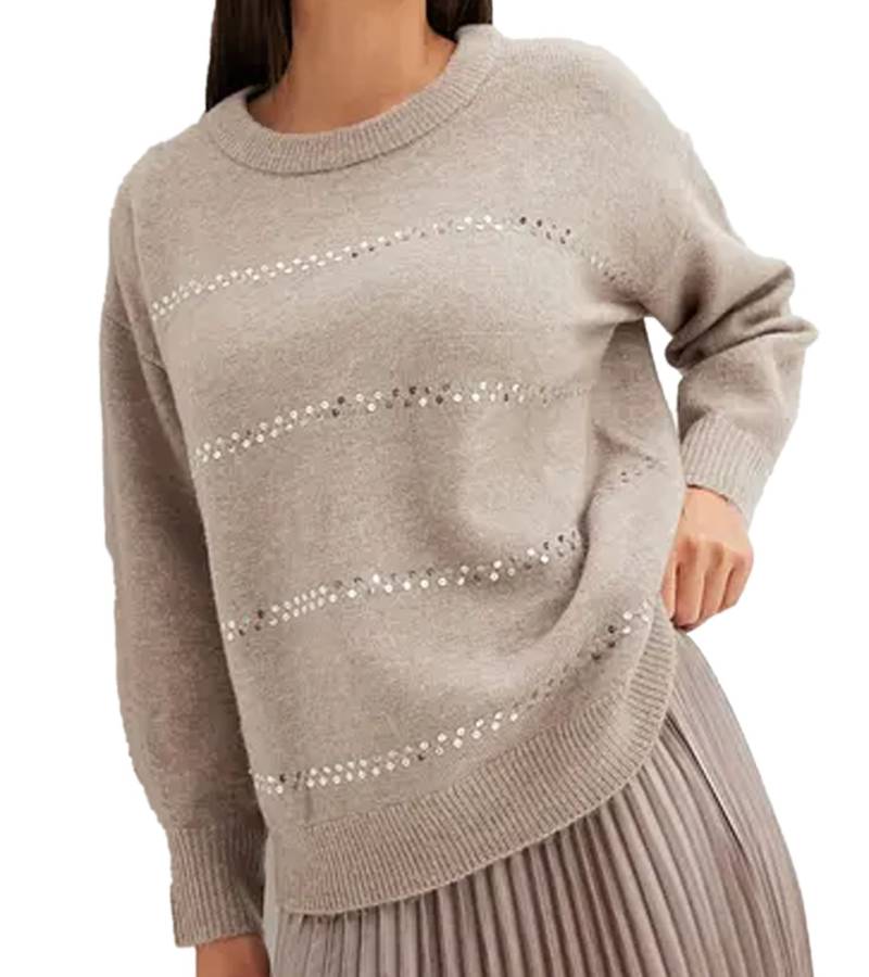 Damen Pullover weit geschnittener Winter-Pullover mit Pailletten-Glitzereffekt Boxy-Fit 915051 Grau/Braun von O46bpx