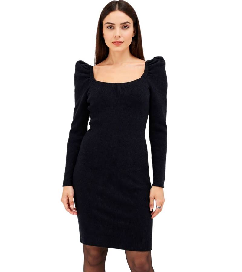 Damen Ripp-Strick-Kleid mit Karree-Ausschnitt Mini-Kleid mit langen Ärmeln 906800 Schwarz von O46bpx